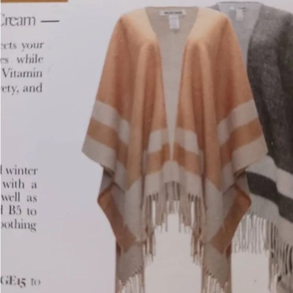 Walter Baker Veruschka Poncho Camel Ivory Striped Fringe Shawl One size
